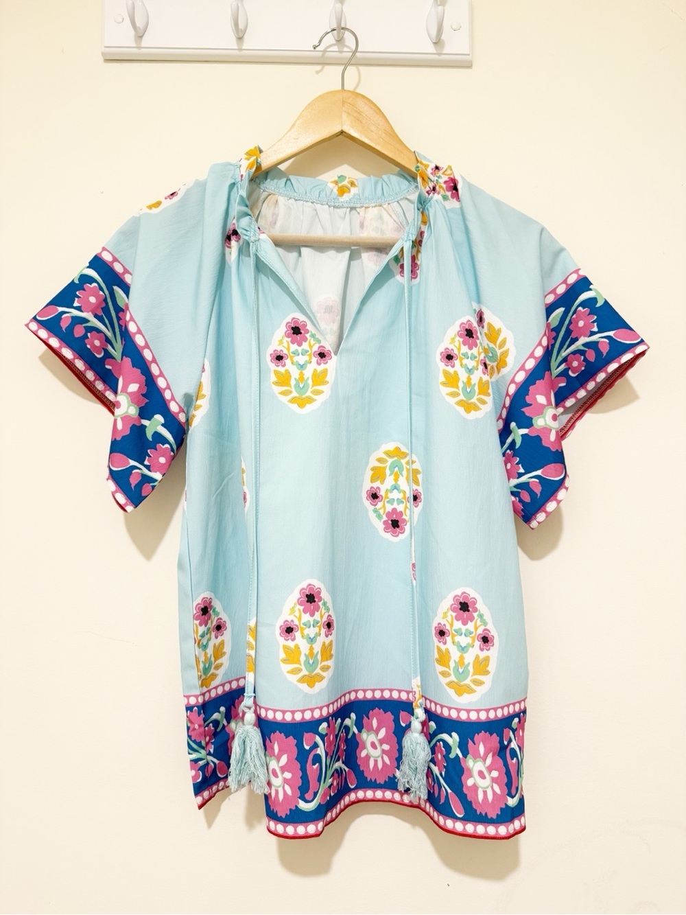 SHEIN Light Blue Floral Tie-Front Tunic with Tassels